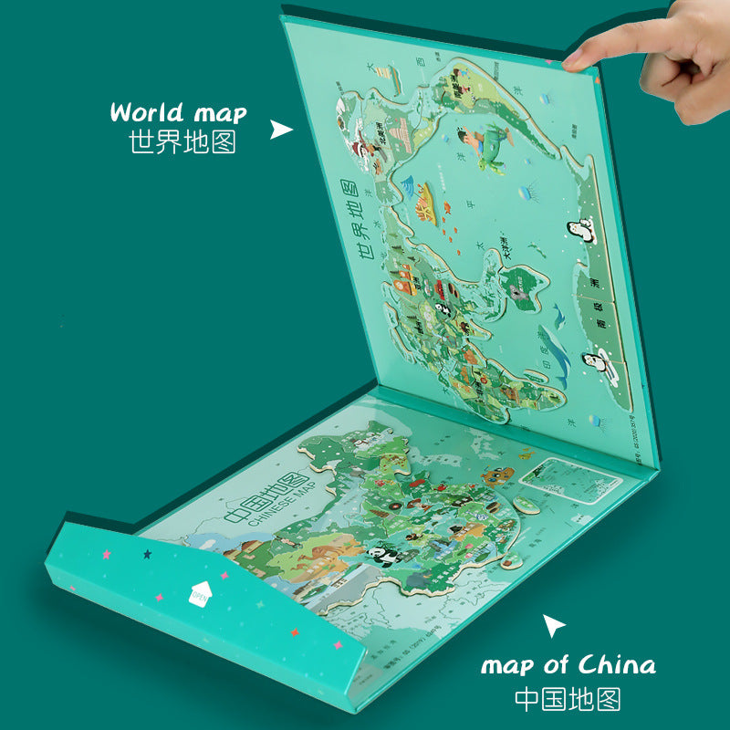 Magnetic book-style Chinese world map drawing board three-in-one cognitive children's early education puzzle wooden puzzle toy