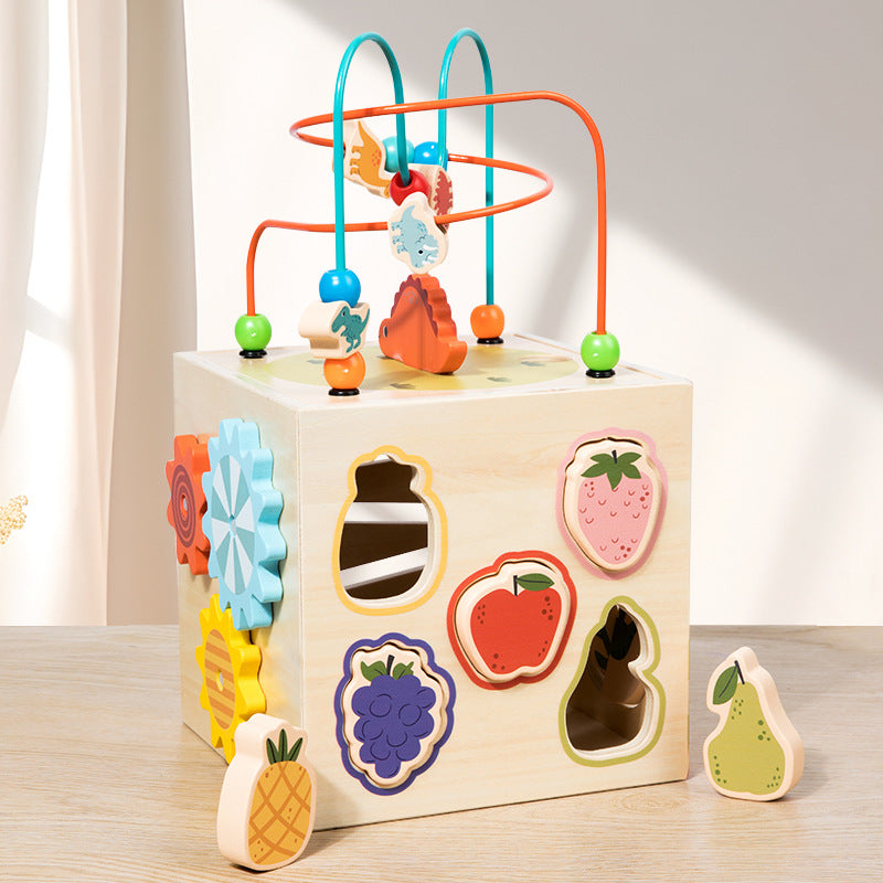 Wooden Children's Early Education Shape Matching Treasure Box Multifunctional Dinosaur Scene Puzzle Around Beads Intelligence Box Toy