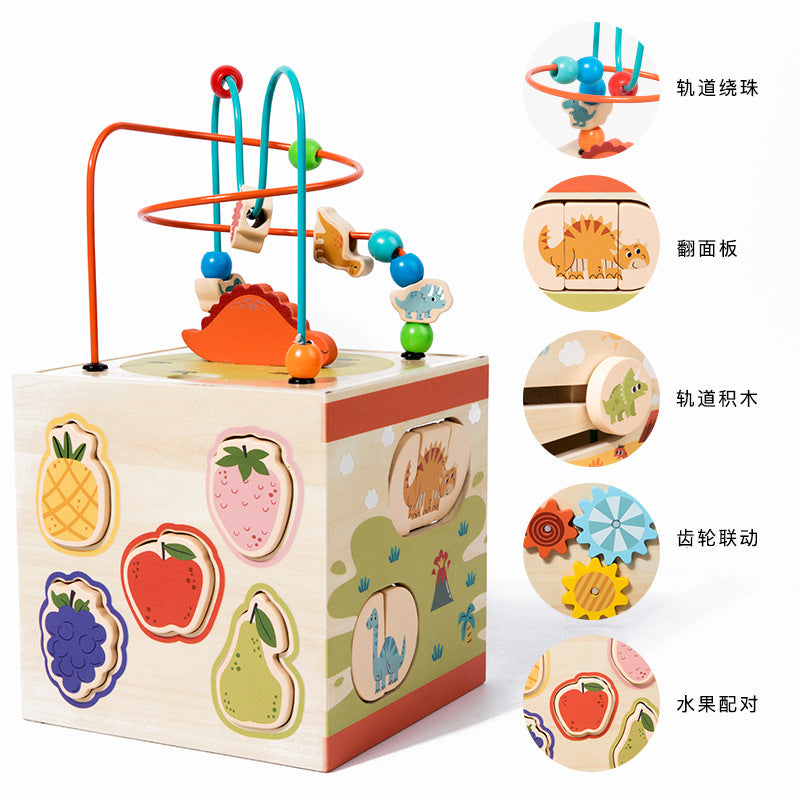 Wooden Children's Early Education Shape Matching Treasure Box Multifunctional Dinosaur Scene Puzzle Around Beads Intelligence Box Toy